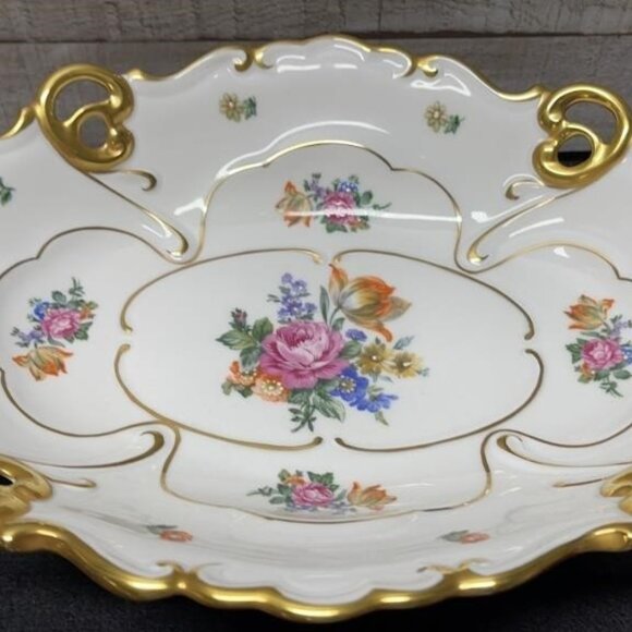 Vintage JLMeneau Graf Von Henneberg Floral & Gold Centerpiece Bowl 12" Long - Picture 3 of 16